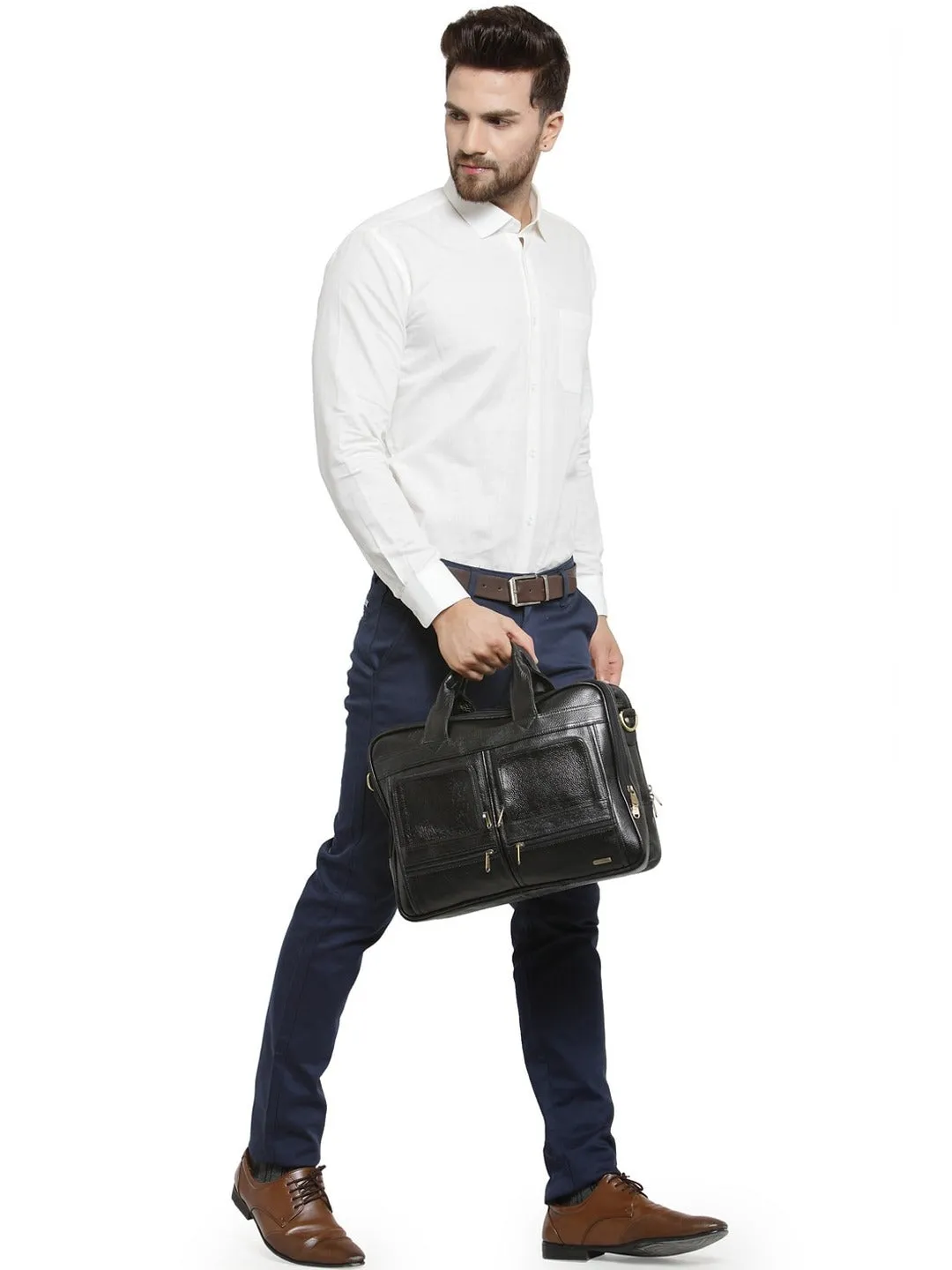 Teakwood Genuine Leather Laptop Bag - Black