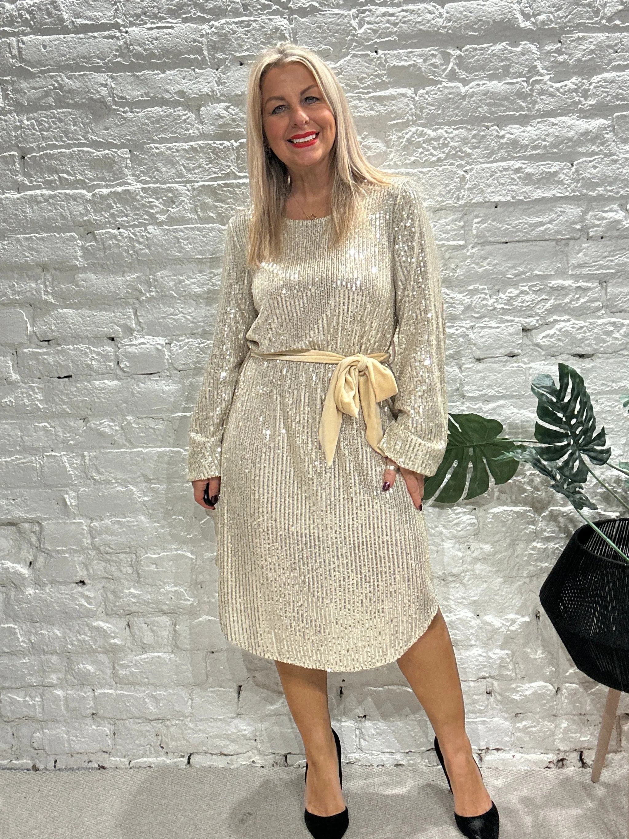 The Angel Cindy Sequin With Velvet Tie Waist Dress
