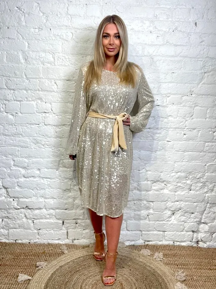 The Angel Cindy Sequin With Velvet Tie Waist Dress
