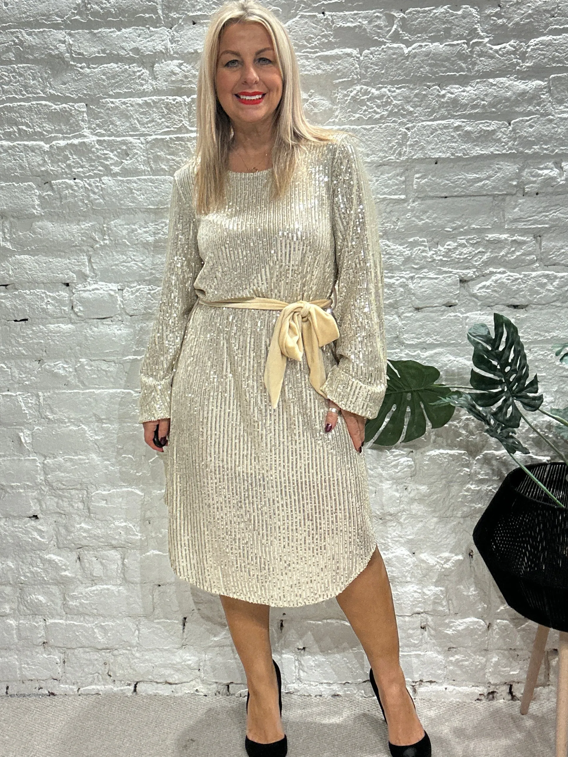 The Angel Cindy Sequin With Velvet Tie Waist Dress