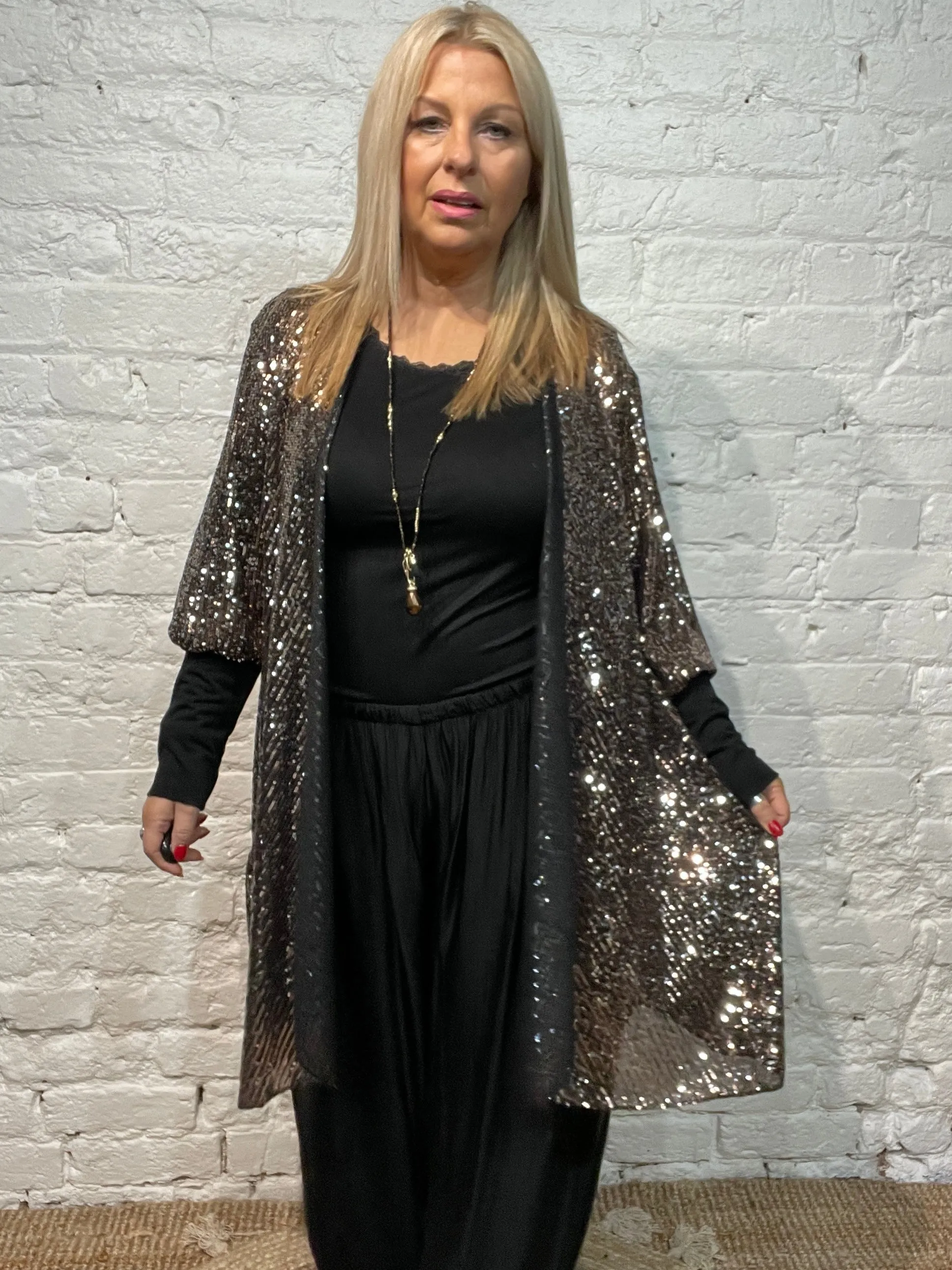 The Anya long Cuff waterfall Fall Front long Sequin Jacket from the Angel collection