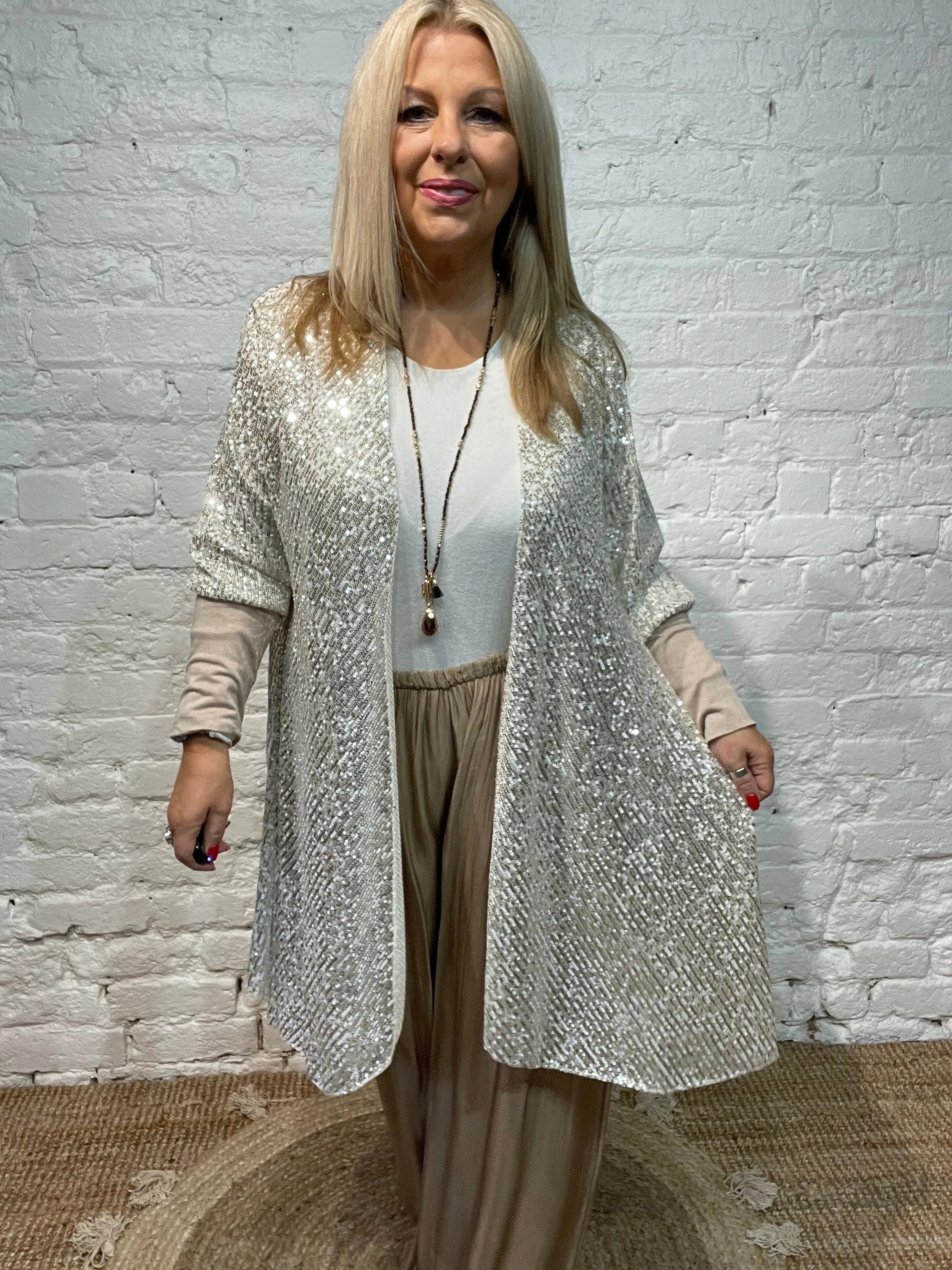 The Anya long Cuff waterfall Fall Front long Sequin Jacket from the Angel collection