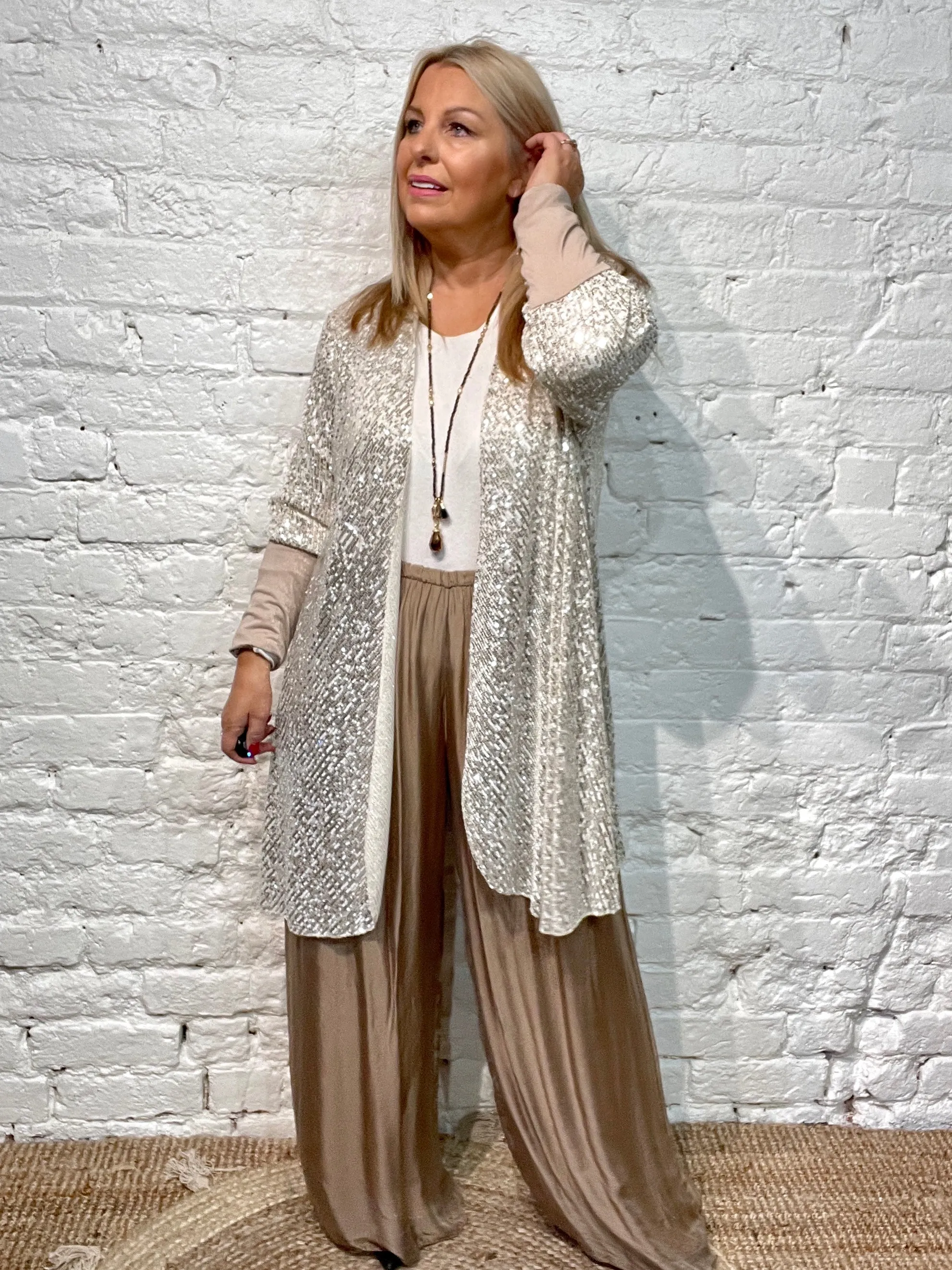 The Anya long Cuff waterfall Fall Front long Sequin Jacket from the Angel collection
