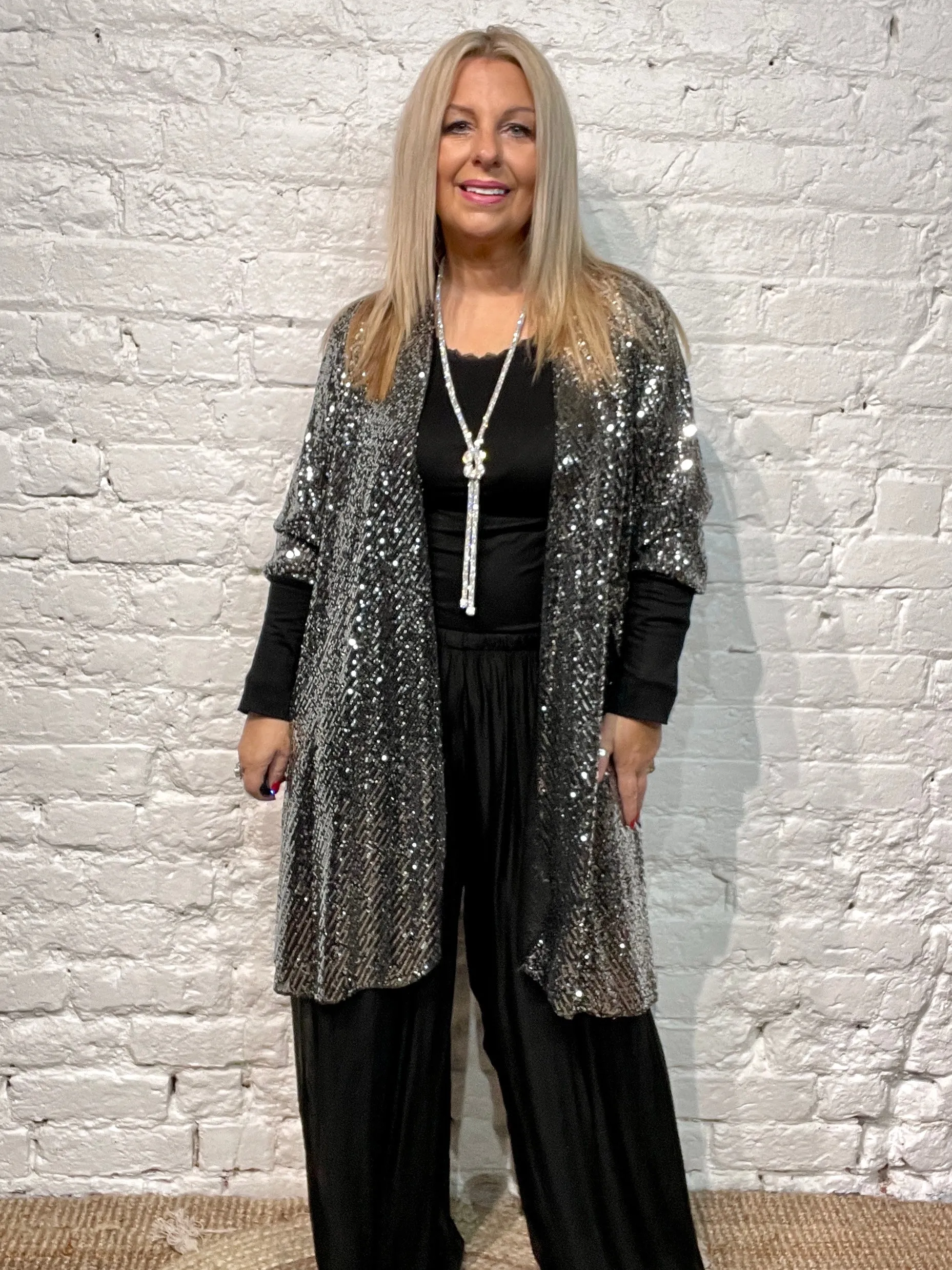 The Anya long Cuff waterfall Fall Front long Sequin Jacket from the Angel collection