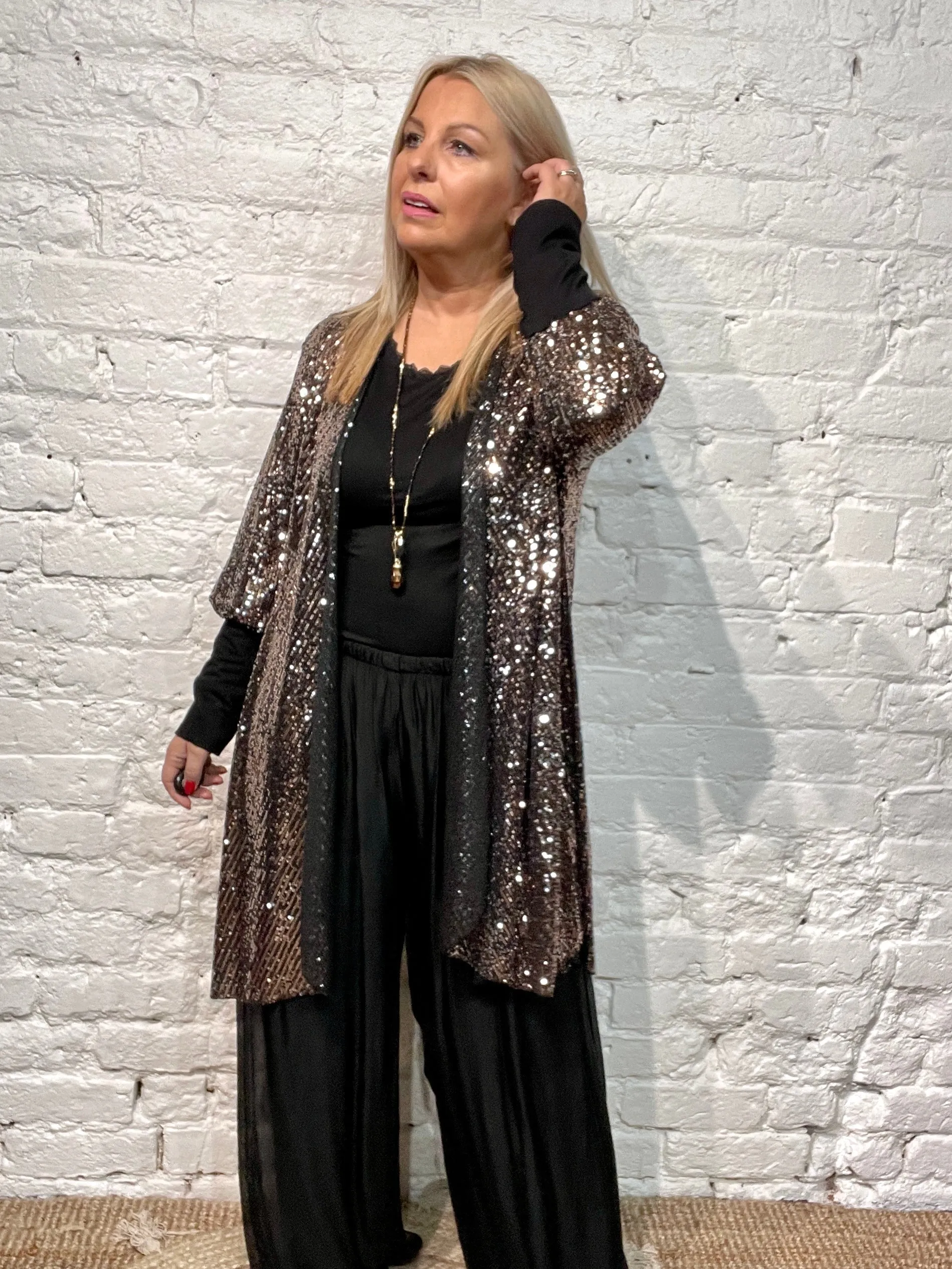 The Anya long Cuff waterfall Fall Front long Sequin Jacket from the Angel collection