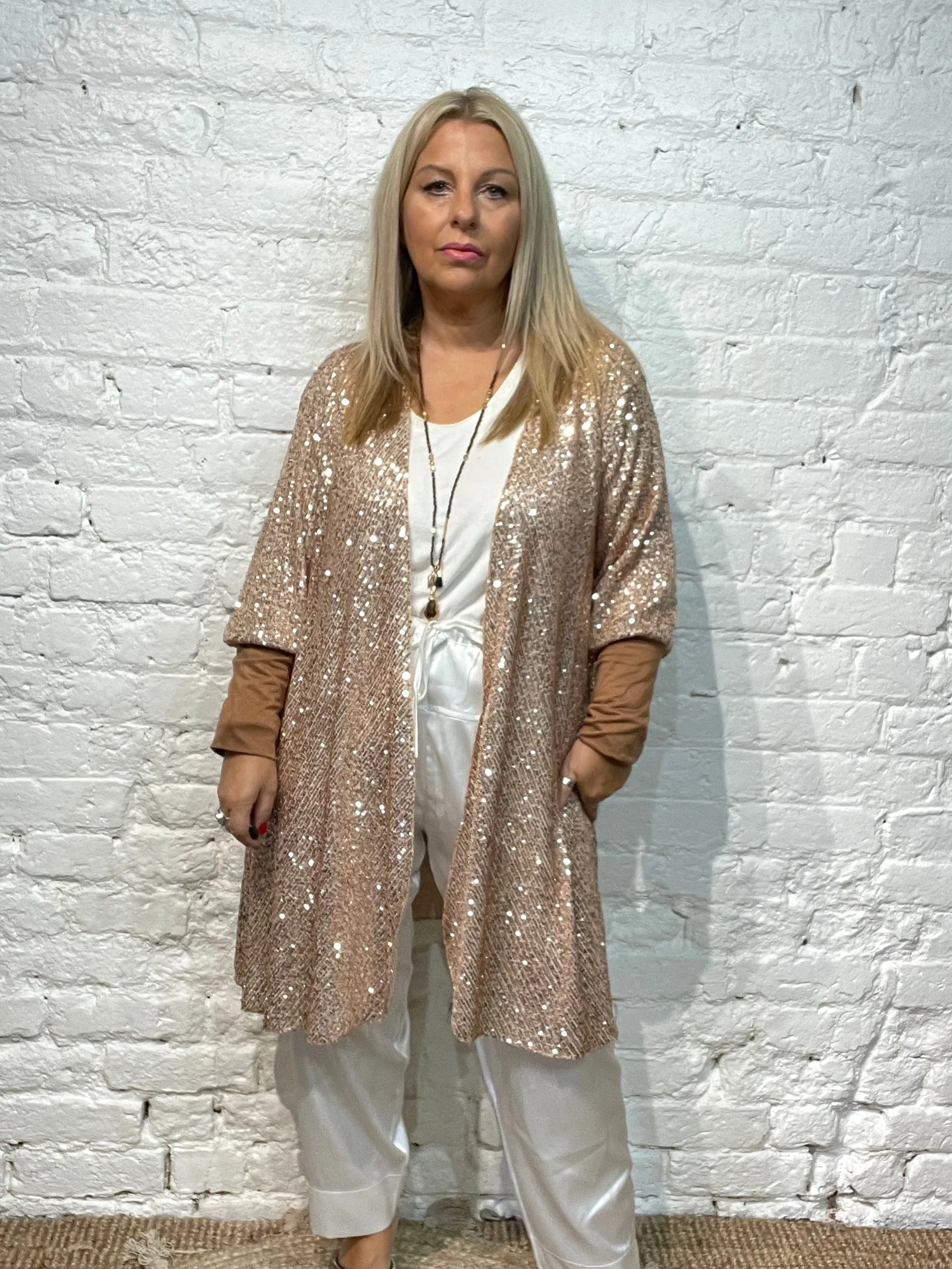 The Anya long Cuff waterfall Fall Front long Sequin Jacket from the Angel collection
