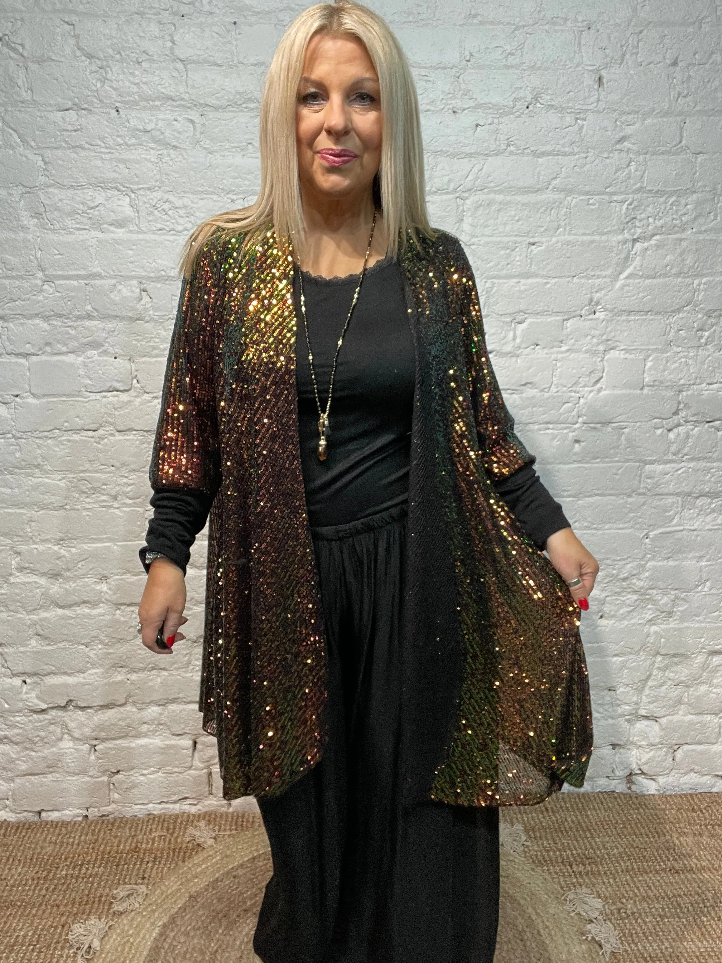 The Anya long Cuff waterfall Fall Front long Sequin Jacket from the Angel collection