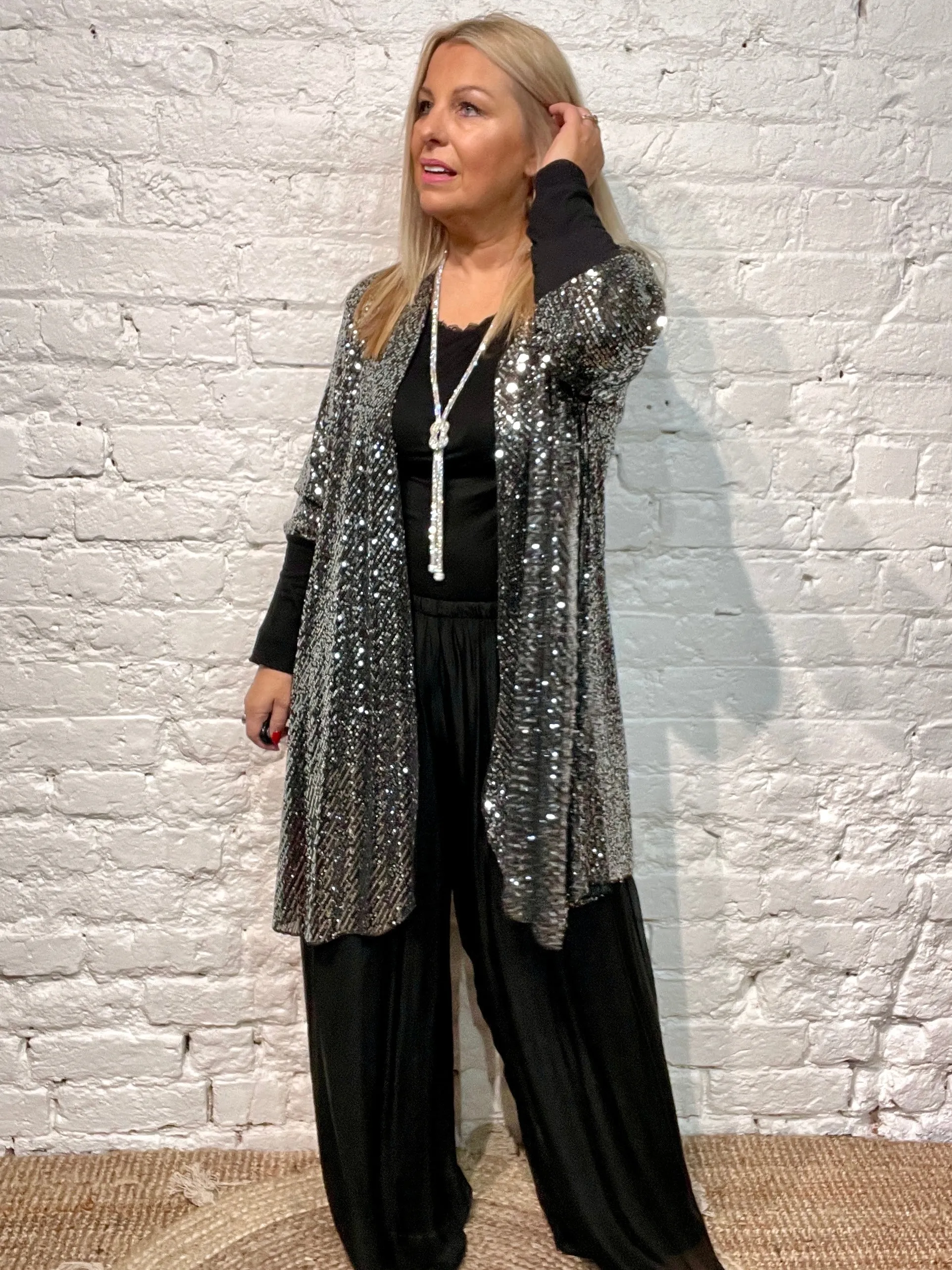 The Anya long Cuff waterfall Fall Front long Sequin Jacket from the Angel collection