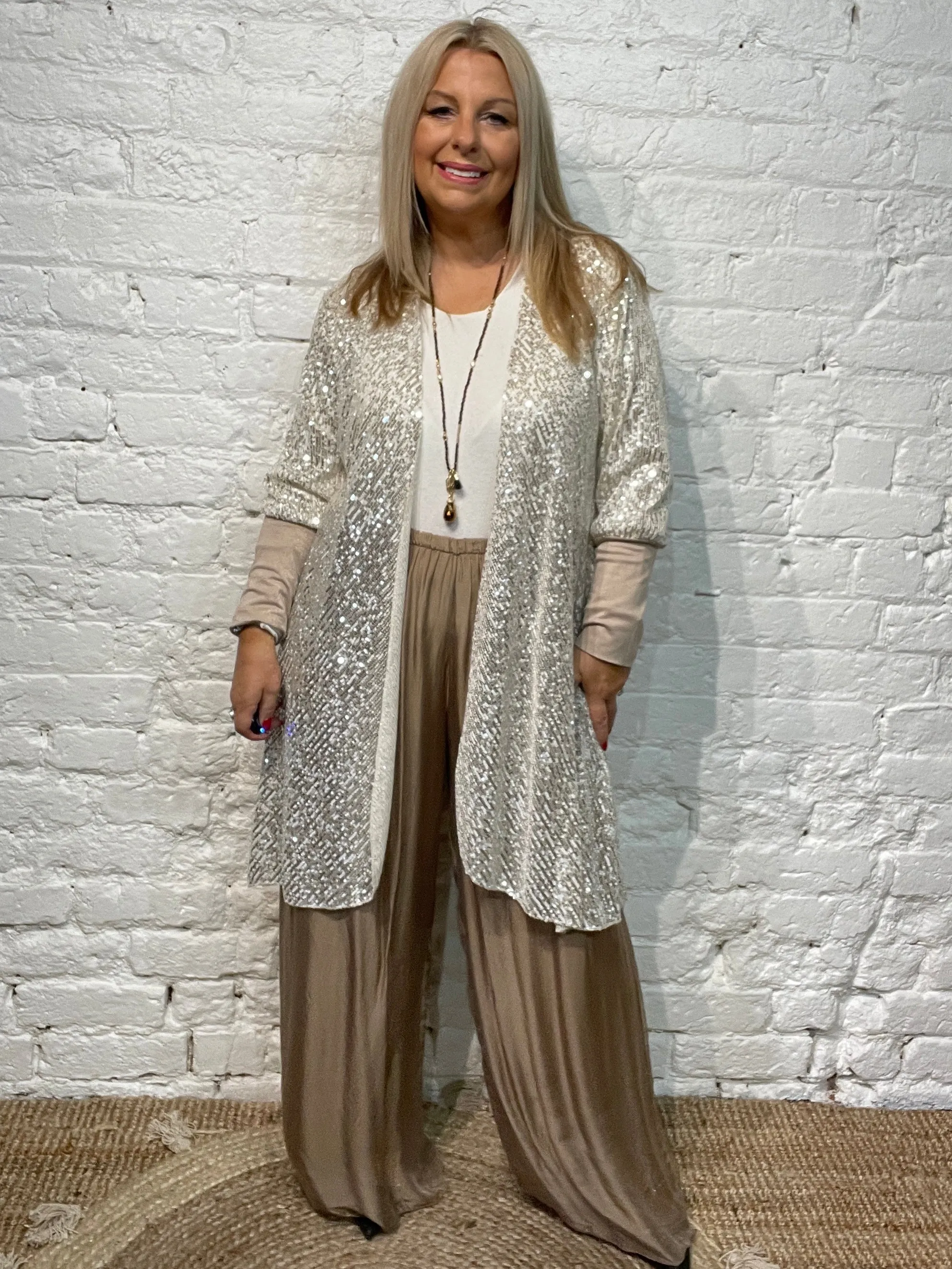 The Anya long Cuff waterfall Fall Front long Sequin Jacket from the Angel collection