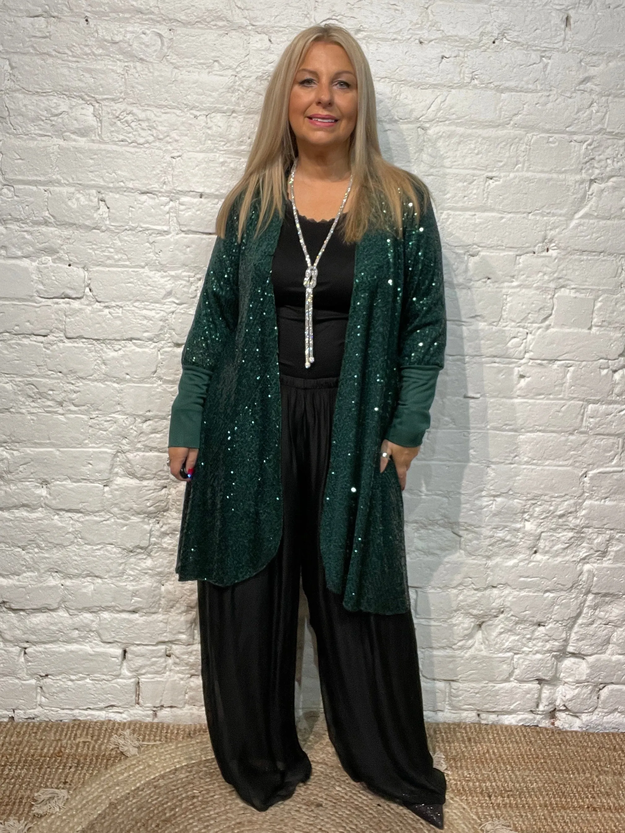 The Anya long Cuff waterfall Fall Front long Sequin Jacket from the Angel collection