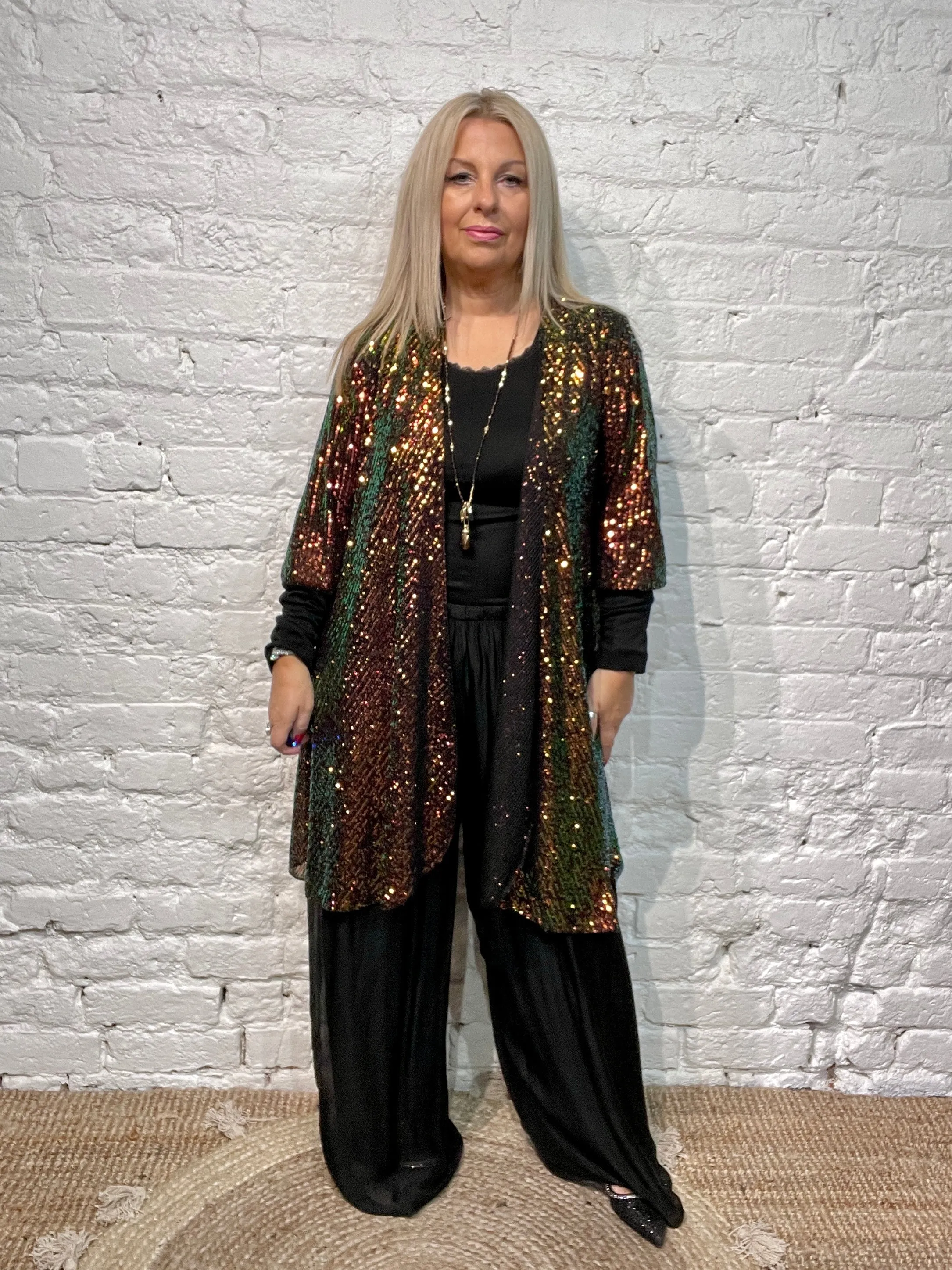 The Anya long Cuff waterfall Fall Front long Sequin Jacket from the Angel collection