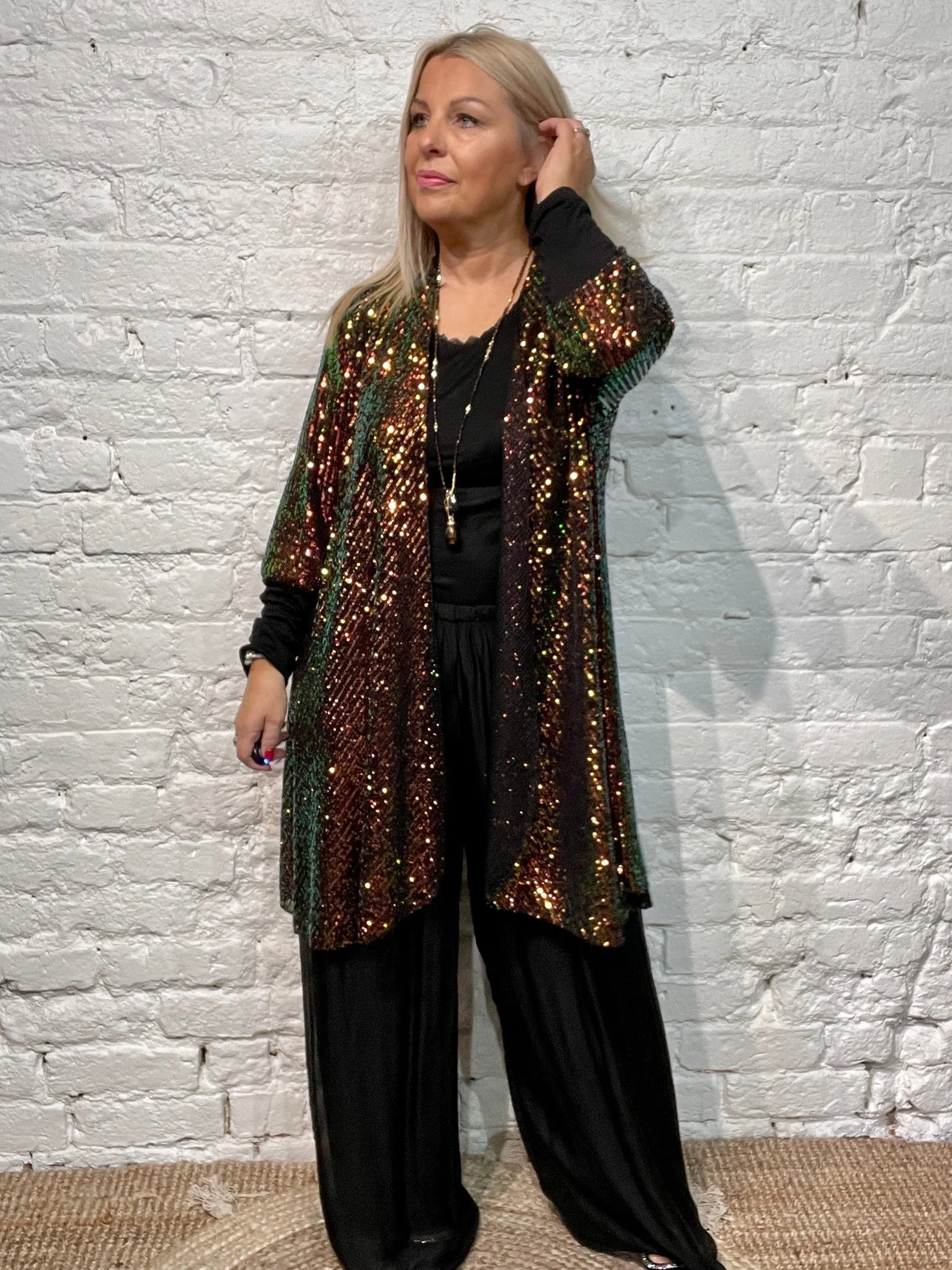 The Anya long Cuff waterfall Fall Front long Sequin Jacket from the Angel collection