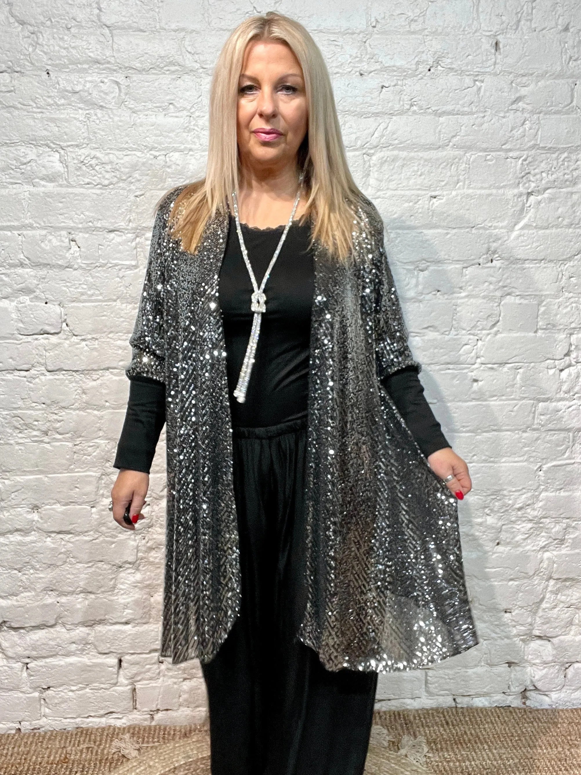 The Anya long Cuff waterfall Fall Front long Sequin Jacket from the Angel collection