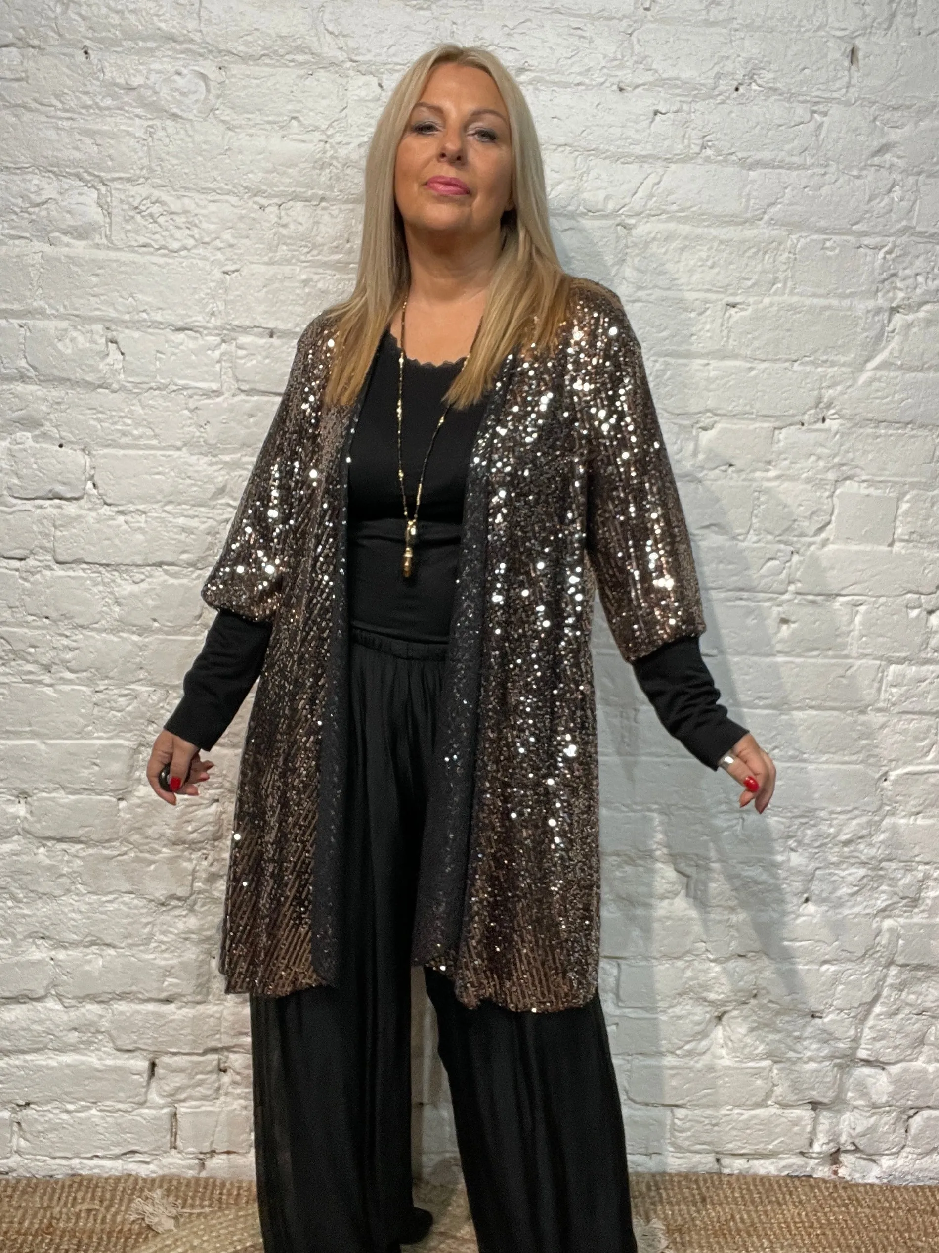 The Anya long Cuff waterfall Fall Front long Sequin Jacket from the Angel collection