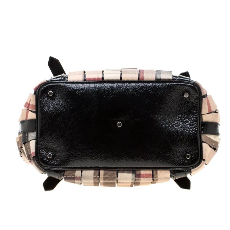 Trendy Inspired Burberry Black/beige Nova Check Pvc And Patent Leather Cartridge Pleat Tote