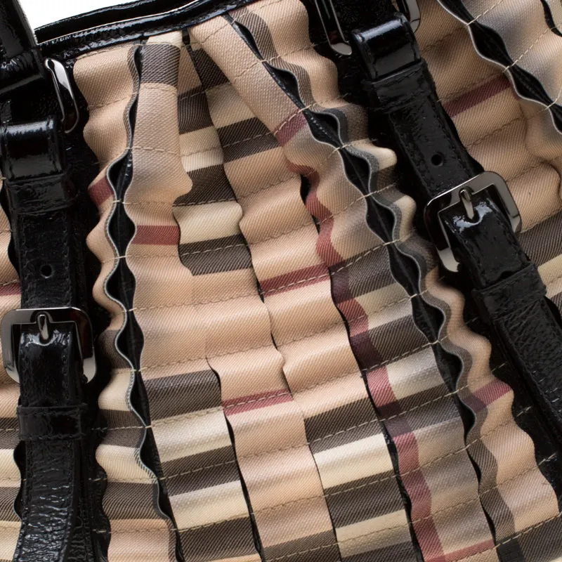 Trendy Inspired Burberry Black/beige Nova Check Pvc And Patent Leather Cartridge Pleat Tote