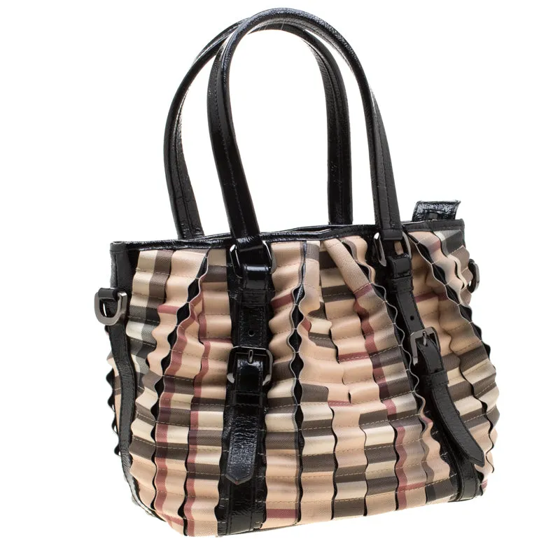 Trendy Inspired Burberry Black/beige Nova Check Pvc And Patent Leather Cartridge Pleat Tote