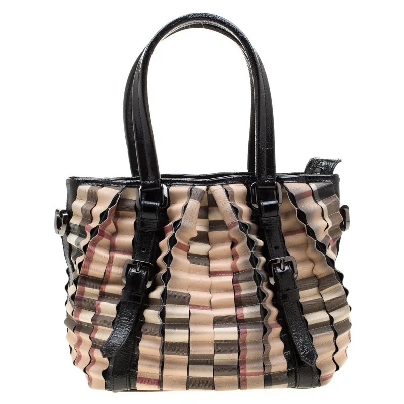 Trendy Inspired Burberry Black/beige Nova Check Pvc And Patent Leather Cartridge Pleat Tote