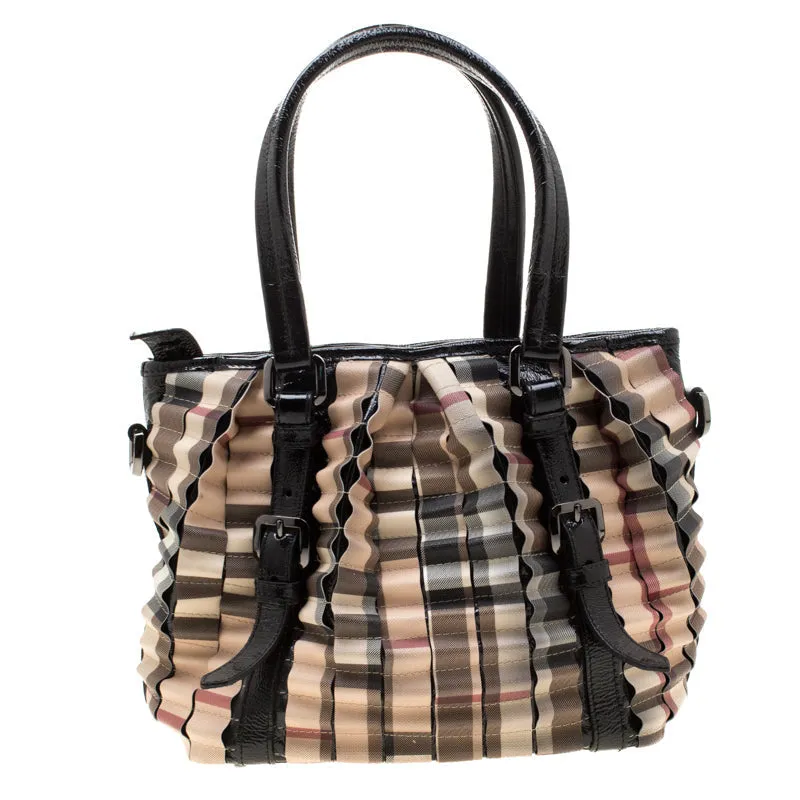 Trendy Inspired Burberry Black/beige Nova Check Pvc And Patent Leather Cartridge Pleat Tote