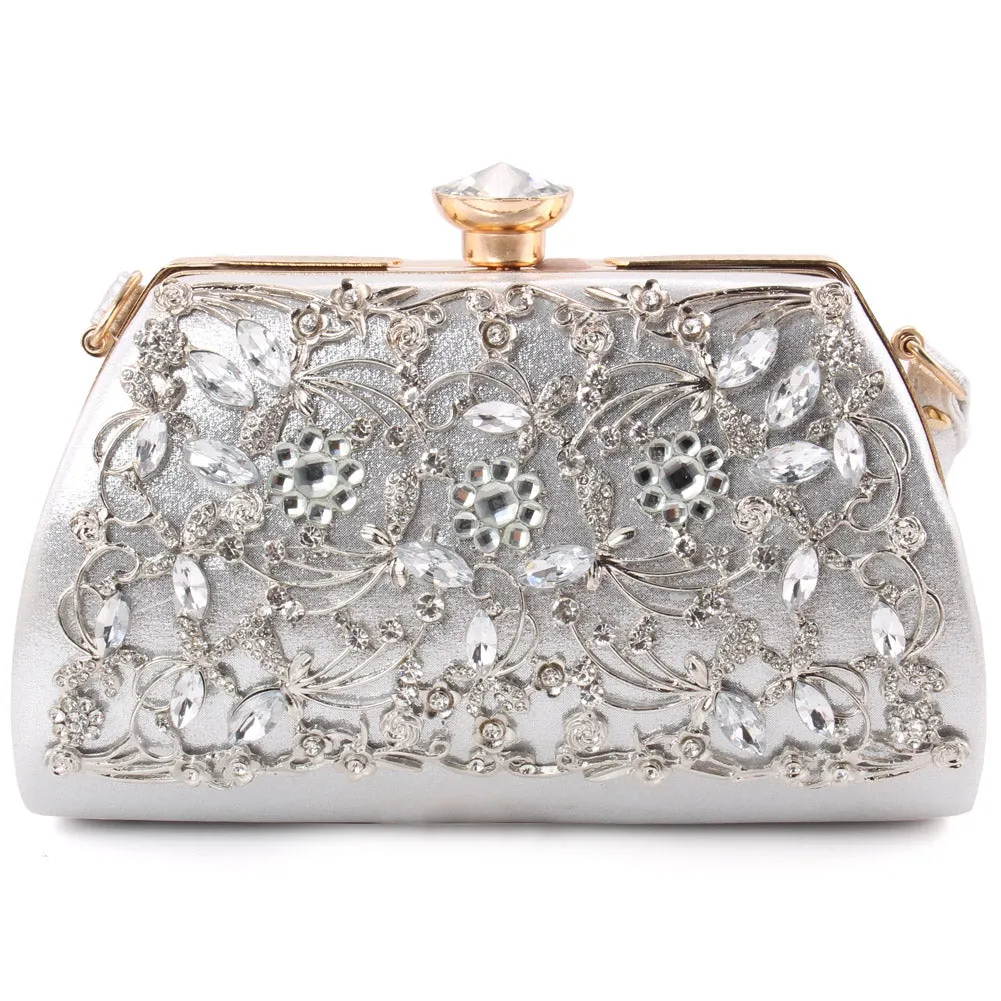 Women “ASIN” Sparkling Carved Crystal Design Hand Strap Chichi Top Clutch