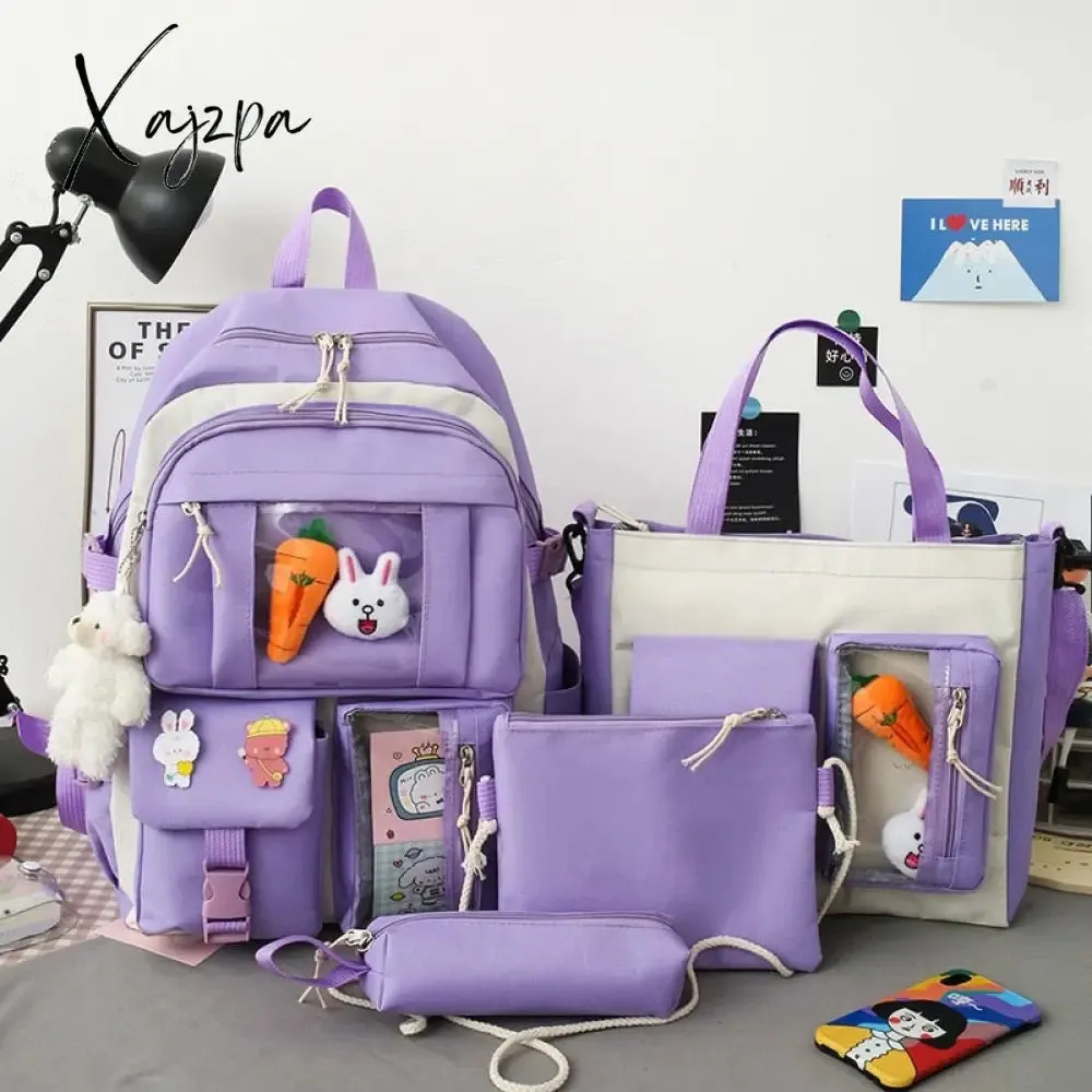 Xajzpa - New 4 Pcs Sets Purple Colour Children's School Backpack Kawaii Women's Backpack Bookbag School Bags for Teens Girls Mochila