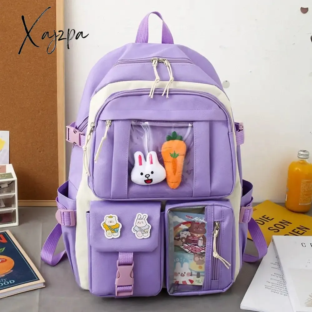 Xajzpa - New 4 Pcs Sets Purple Colour Children's School Backpack Kawaii Women's Backpack Bookbag School Bags for Teens Girls Mochila