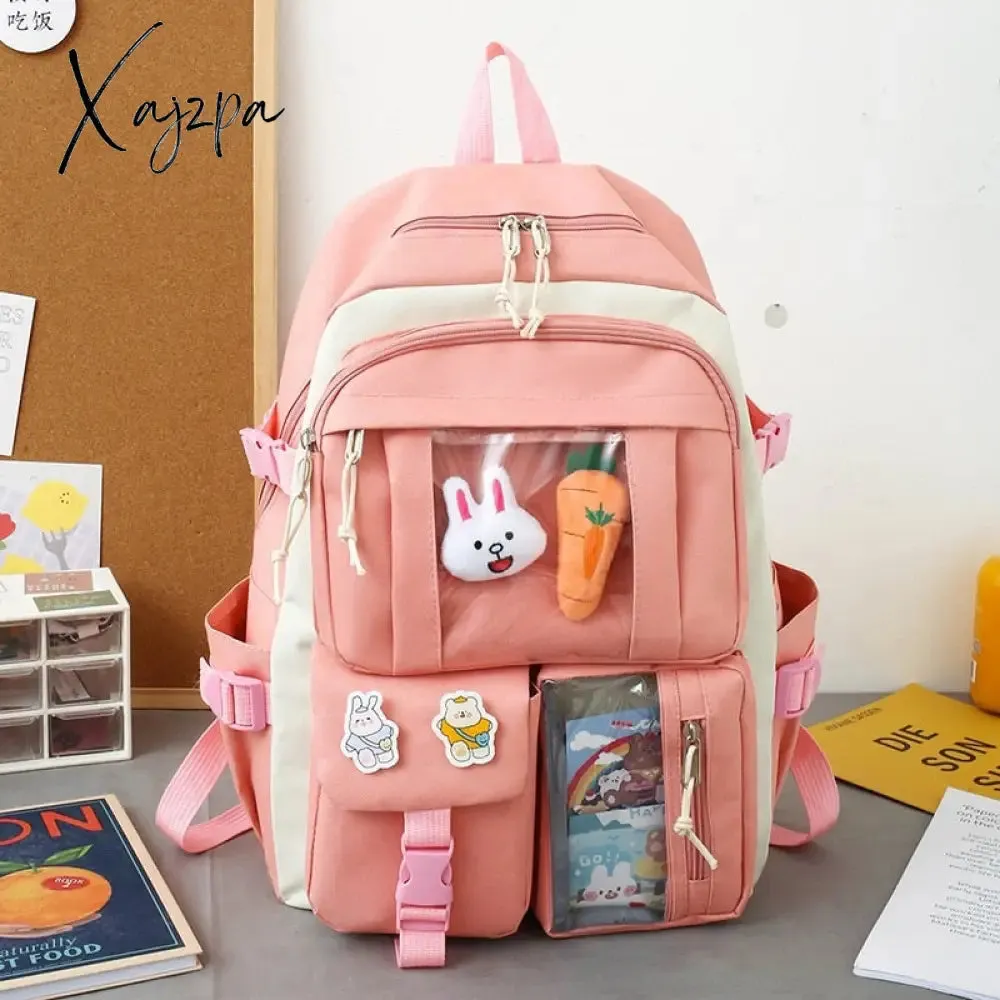 Xajzpa - New 4 Pcs Sets Purple Colour Children's School Backpack Kawaii Women's Backpack Bookbag School Bags for Teens Girls Mochila