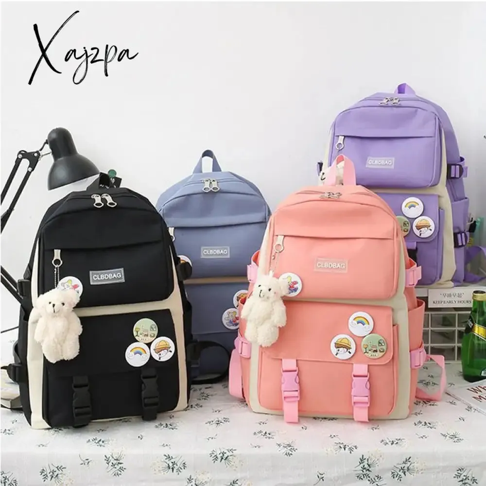 Xajzpa - Women Laptop Backpack 4 Pcs Set Harajuku Canvas School Bags For Teenage Girls Kawaii College Student Kids Book Bag Rucksack