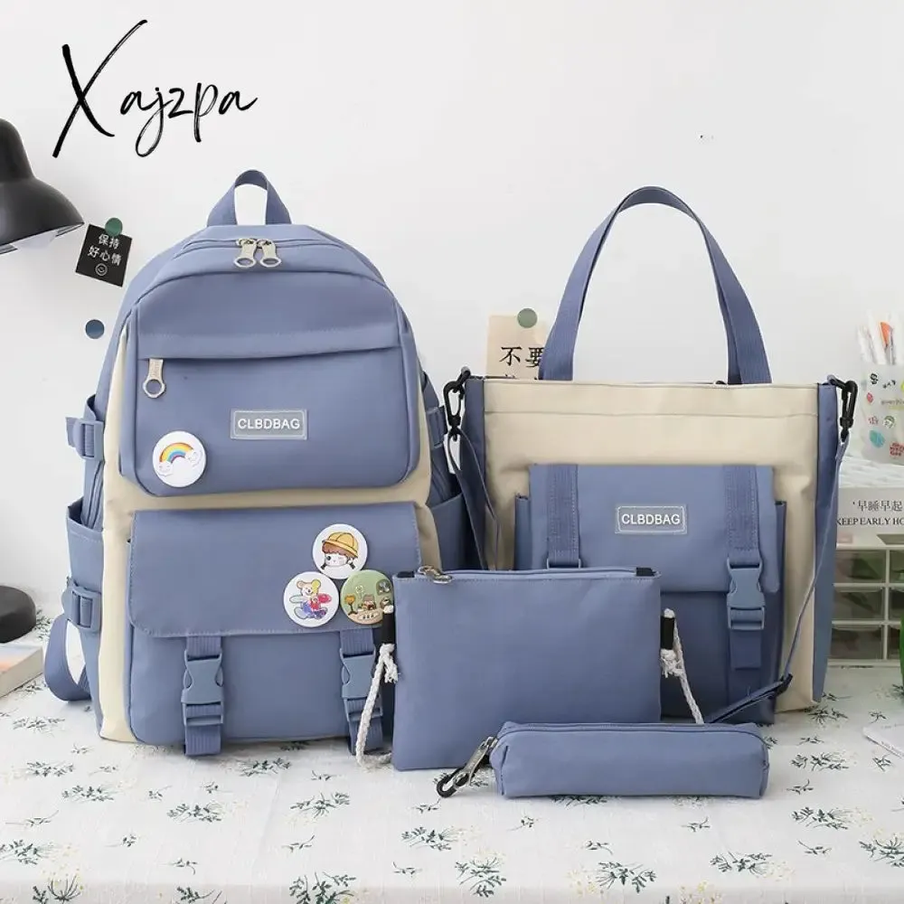 Xajzpa - Women Laptop Backpack 4 Pcs Set Harajuku Canvas School Bags For Teenage Girls Kawaii College Student Kids Book Bag Rucksack