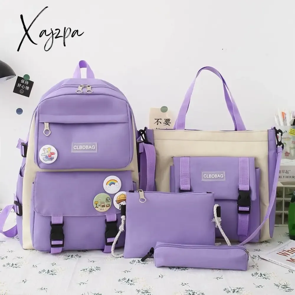 Xajzpa - Women Laptop Backpack 4 Pcs Set Harajuku Canvas School Bags For Teenage Girls Kawaii College Student Kids Book Bag Rucksack