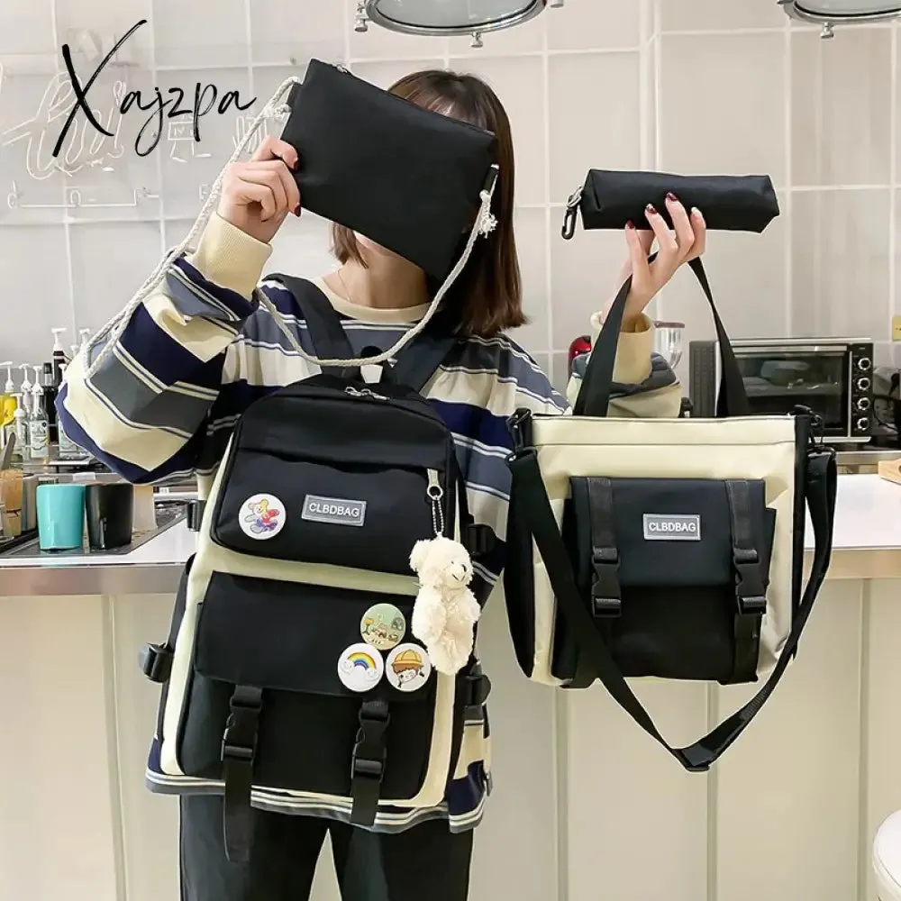 Xajzpa - Women Laptop Backpack 4 Pcs Set Harajuku Canvas School Bags For Teenage Girls Kawaii College Student Kids Book Bag Rucksack