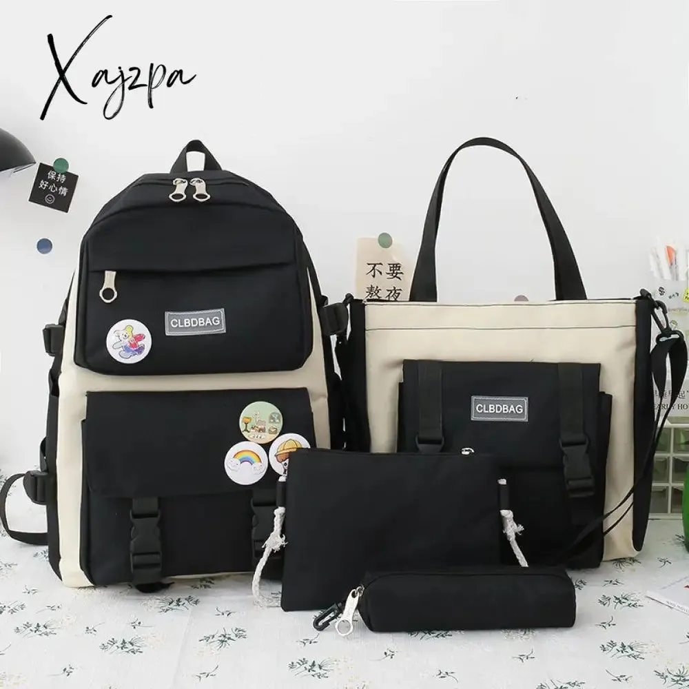Xajzpa - Women Laptop Backpack 4 Pcs Set Harajuku Canvas School Bags For Teenage Girls Kawaii College Student Kids Book Bag Rucksack